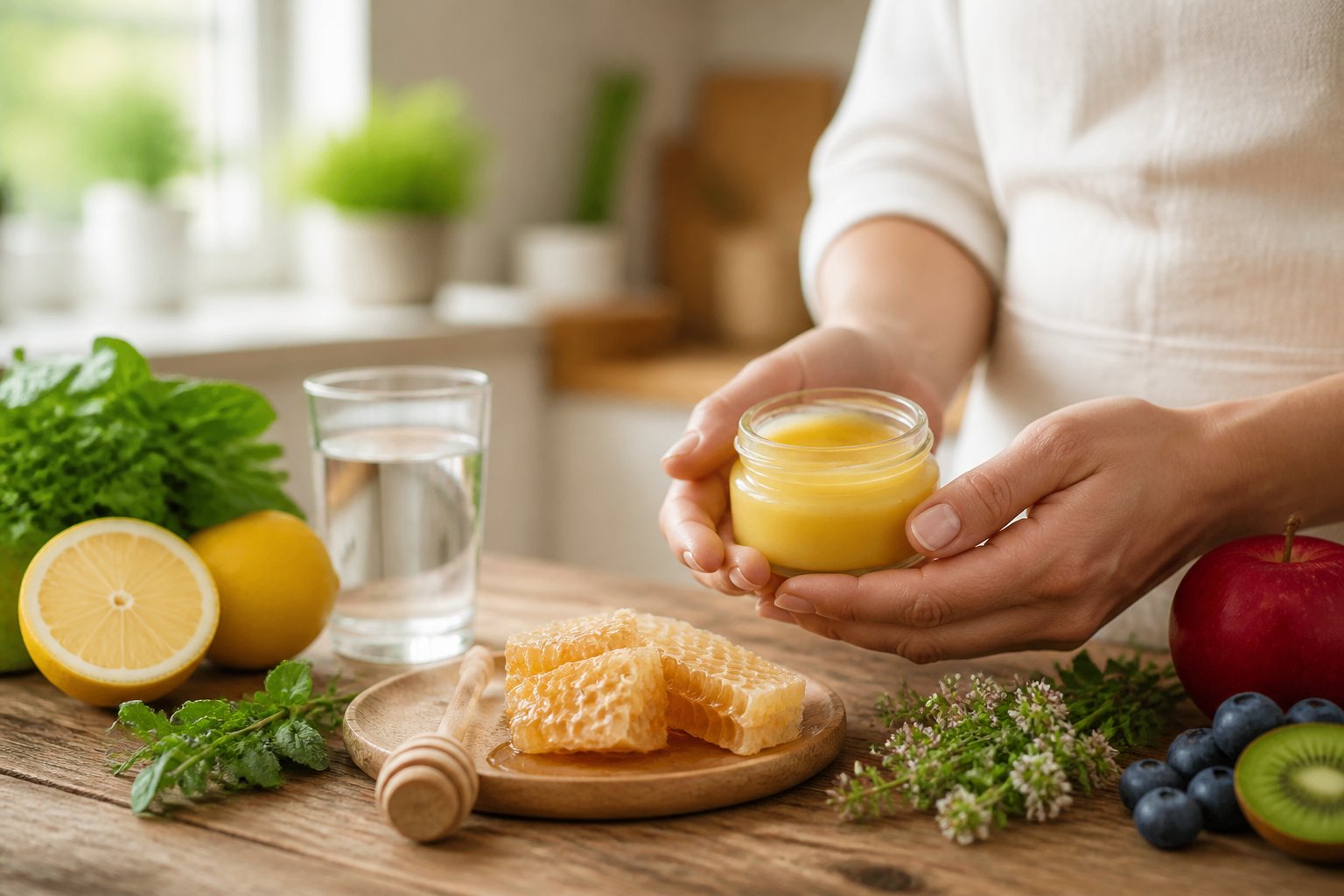 Hands holding a small jar of beeswax next to honeycomb and a honey dipper on a wooden table with fresh fruits and herbs nearby.