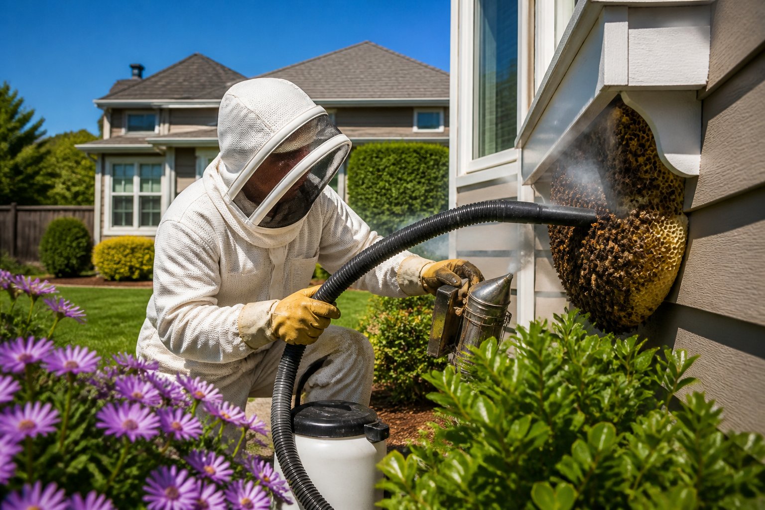 A pest control professional safely removing a bee hive from a suburban backyard near a modern house.