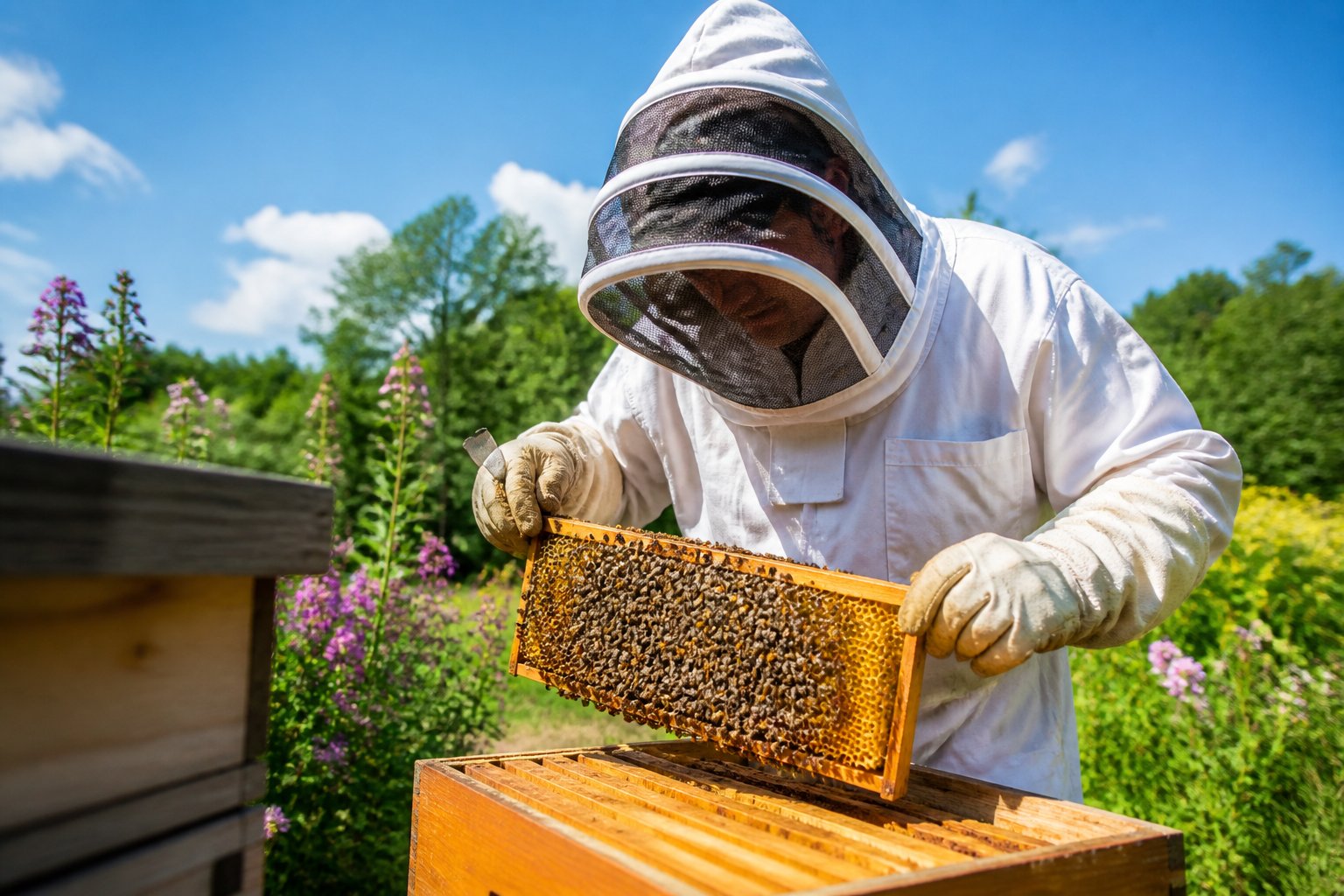 A beekeeper in protective gear inspecting a beehive outdoors surrounded by flowering plants.