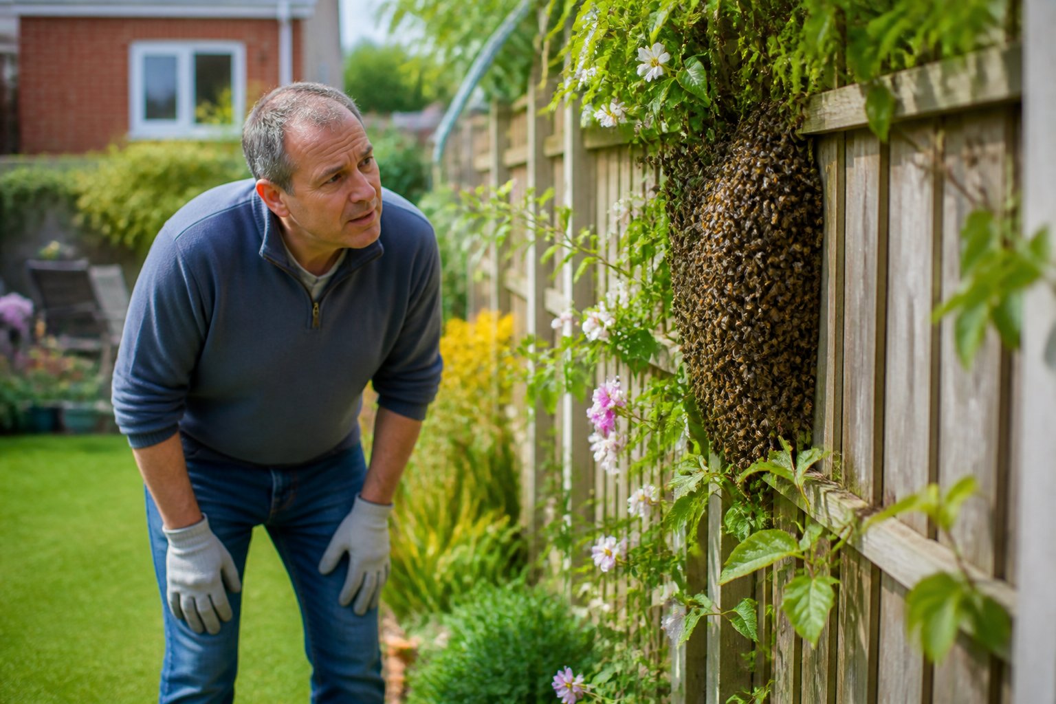 A person observing a cluster of bees on a wooden fence in a garden.