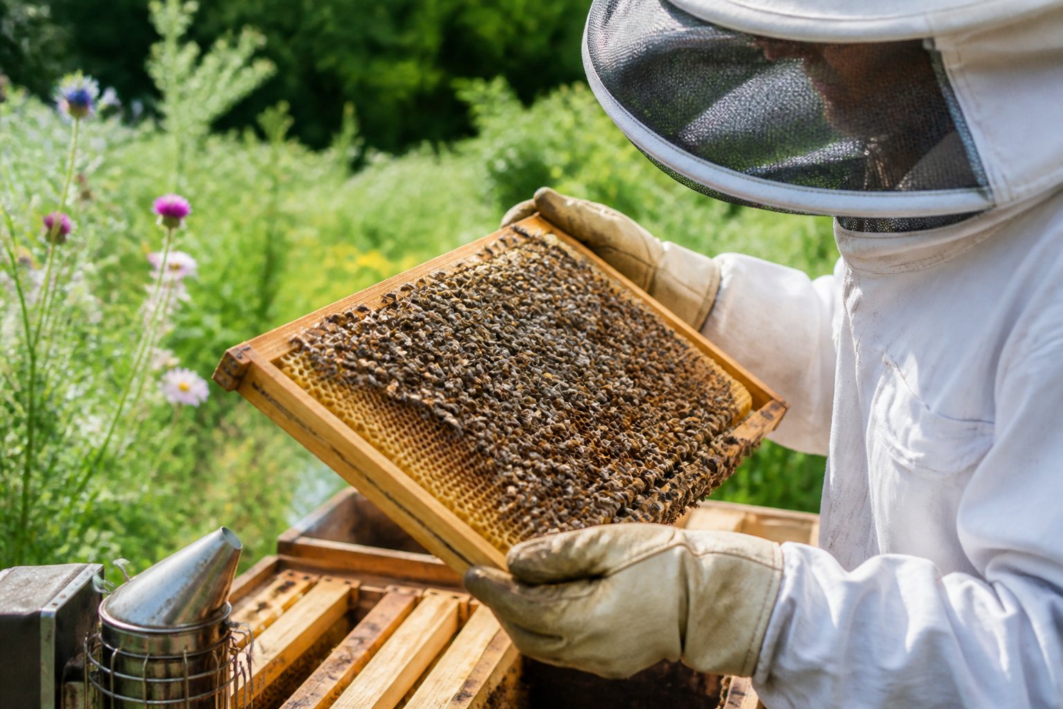 A beekeeper in protective clothing inspecting a honeybee hive outdoors surrounded by flowering plants.