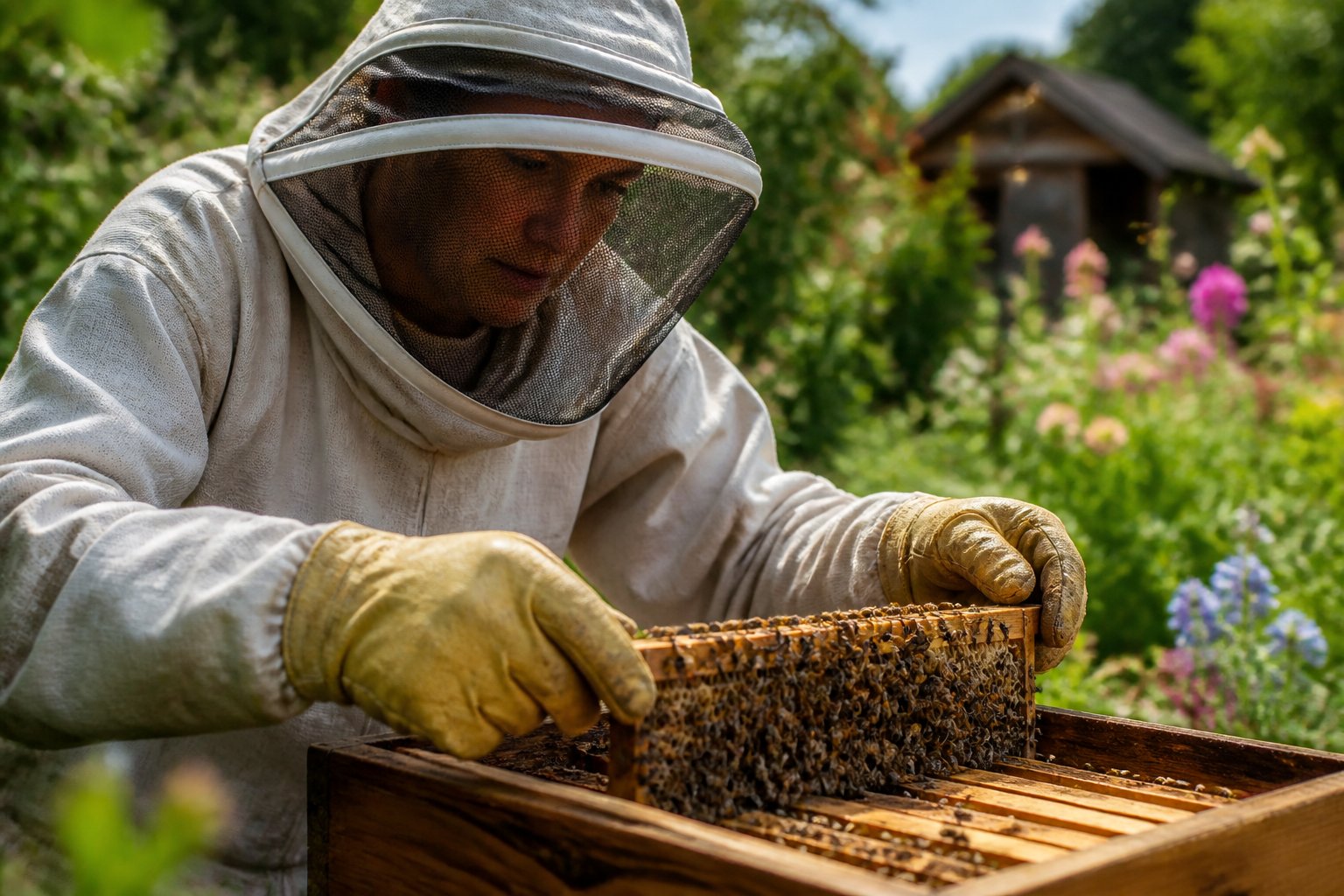 A person wearing protective gloves and a beekeeper's veil carefully handling a beehive outdoors surrounded by flowering plants.