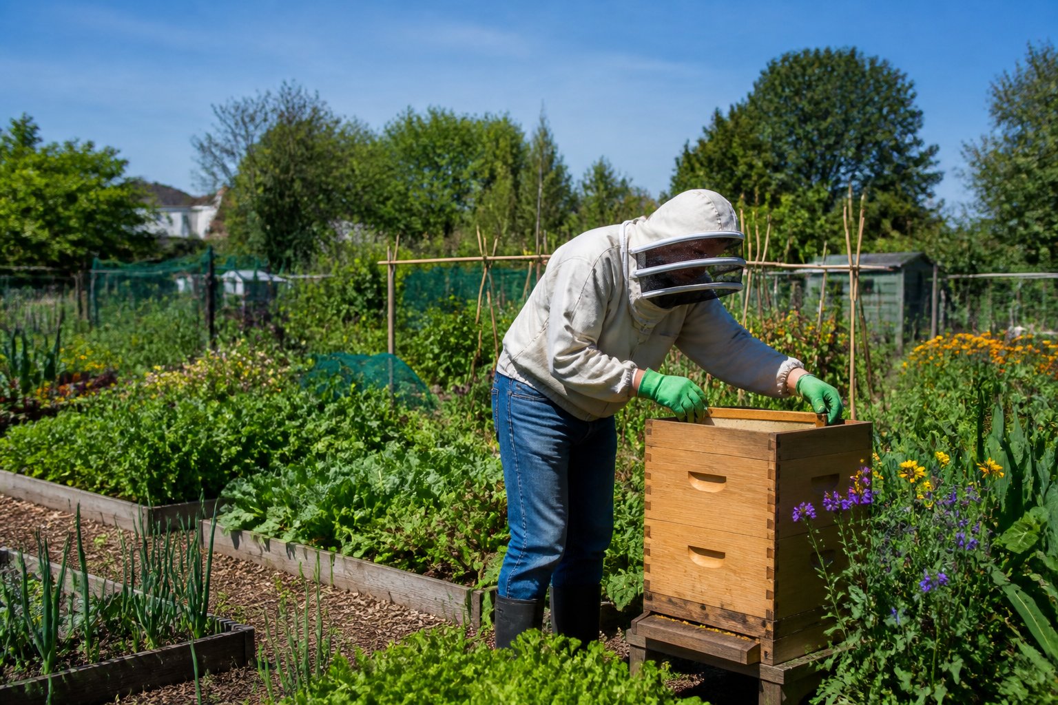 A person in gardening gloves inspects a wooden beehive in a lush allotment garden with rows of plants and flowers under a clear sky.