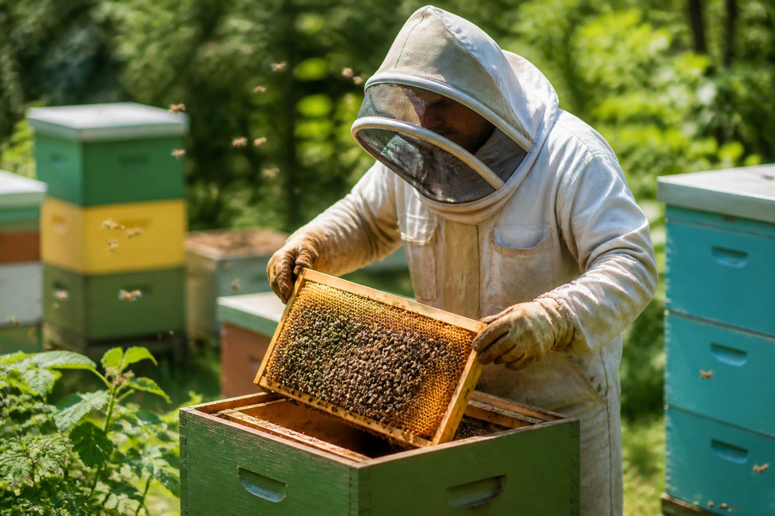 A beekeeper in protective clothing inspects a honeycomb frame from a beehive with bees flying around in a green outdoor setting.