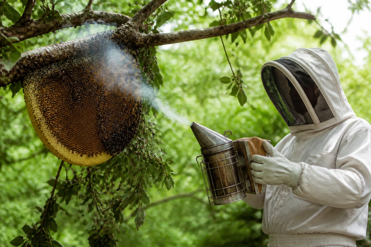 A person in protective bee-keeping gear carefully inspecting a bee nest attached to a tree branch outdoors.