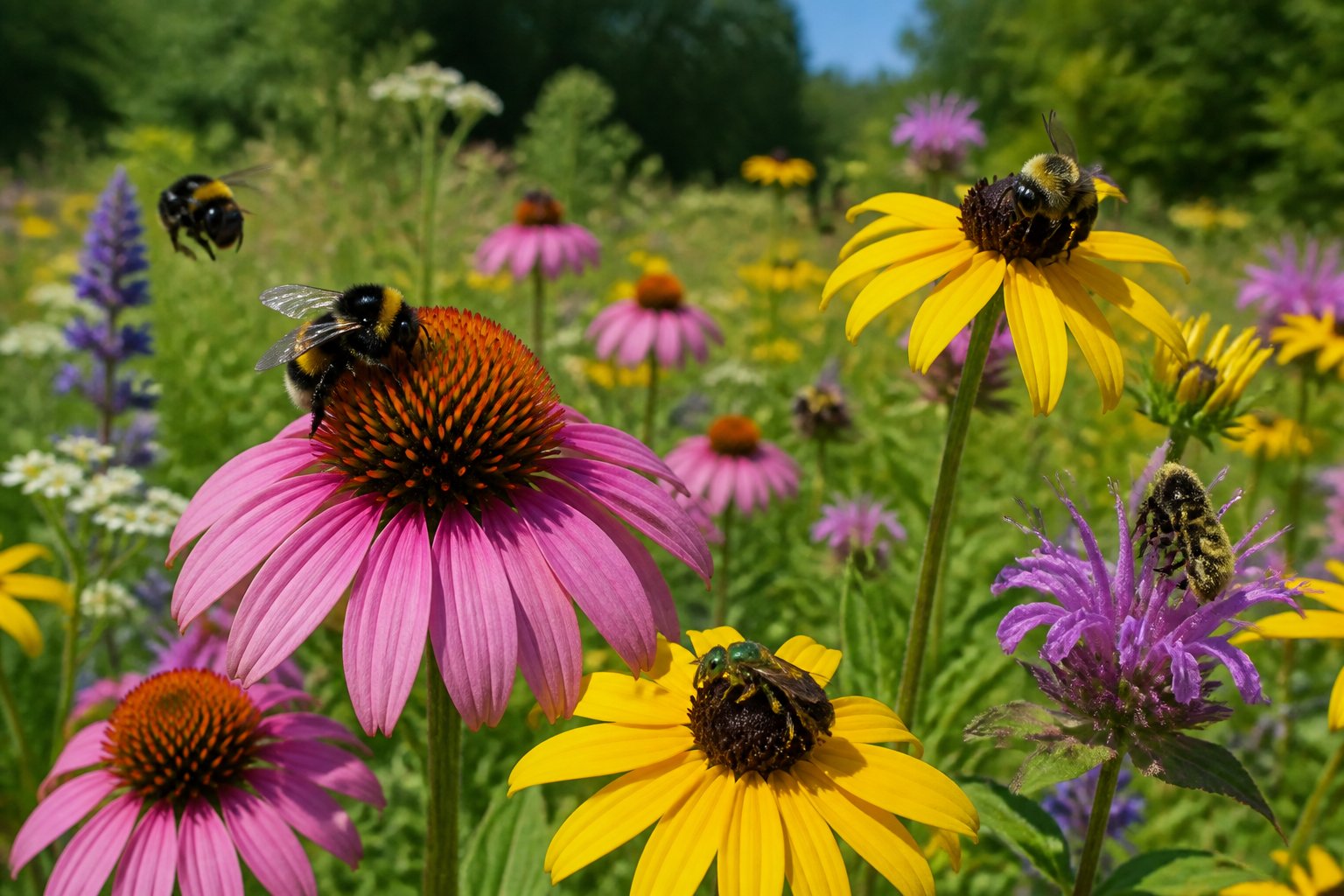 Close-up of native bees pollinating wildflowers in a North American meadow.