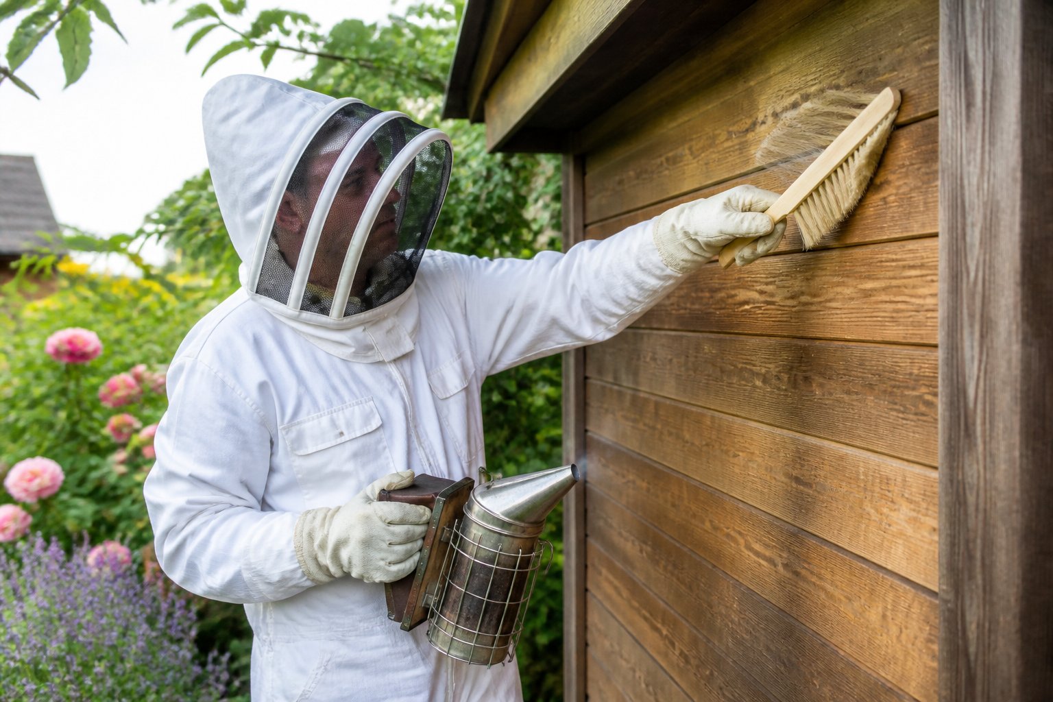 A beekeeper in protective clothing inspecting an empty spot on a wooden wall outdoors after removing a bees' nest.