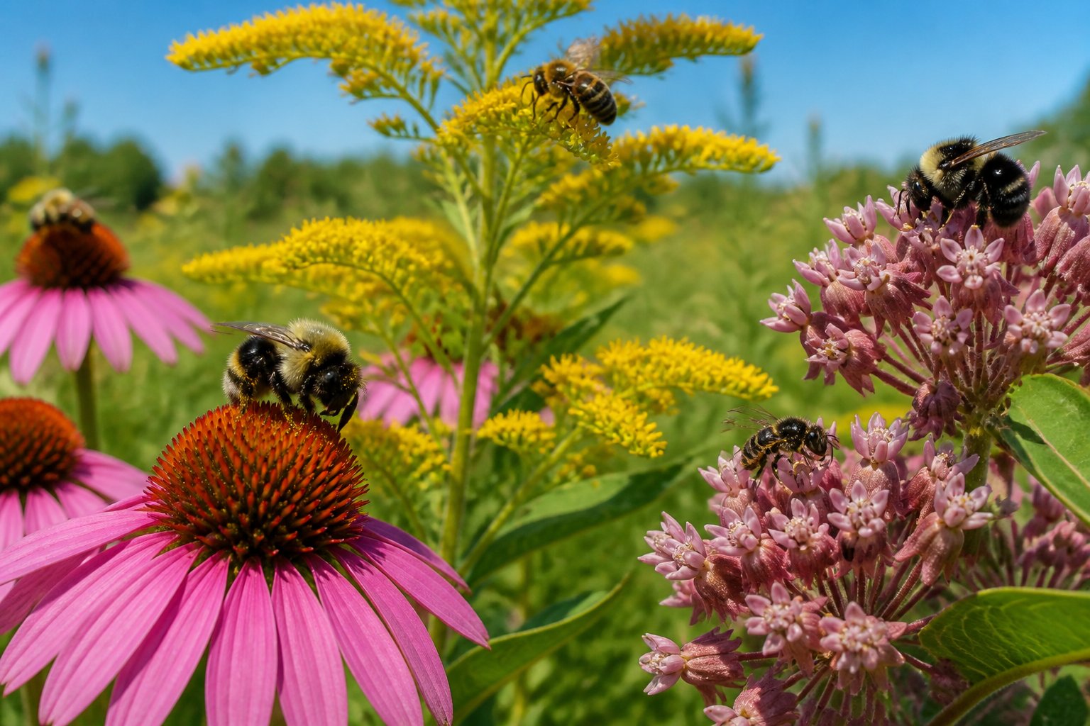 Close-up of various bees pollinating colorful native wildflowers in a natural meadow.