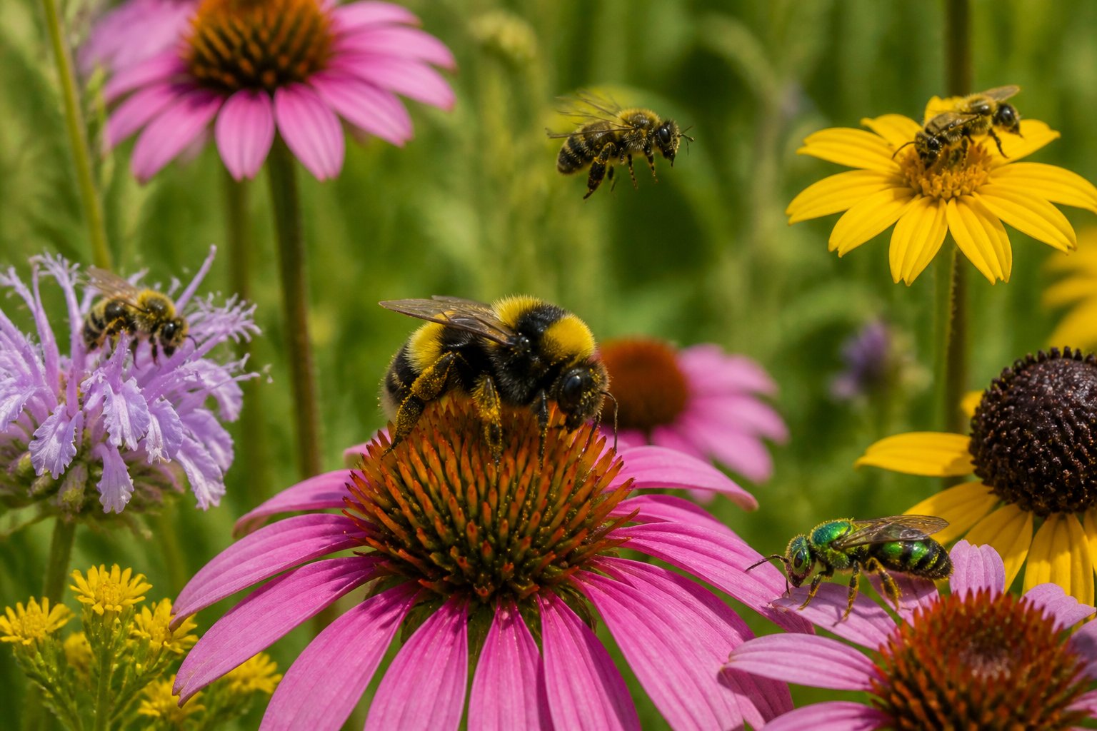 Various native North American bees pollinating wildflowers in a meadow.