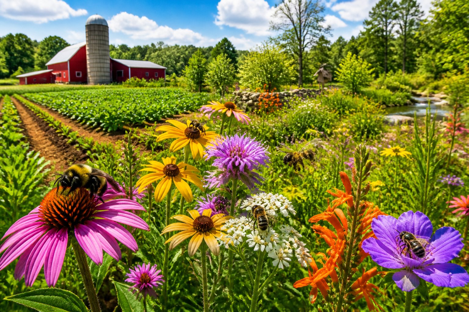 A springtime American farm with native wildflowers and crops, showing native bees pollinating flowers near a garden and conservation area.