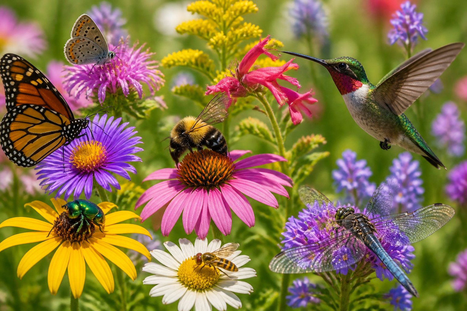 Various pollinators including butterflies, hummingbirds, a bumblebee, a beetle, and a dragonfly on colorful wildflowers in a meadow.