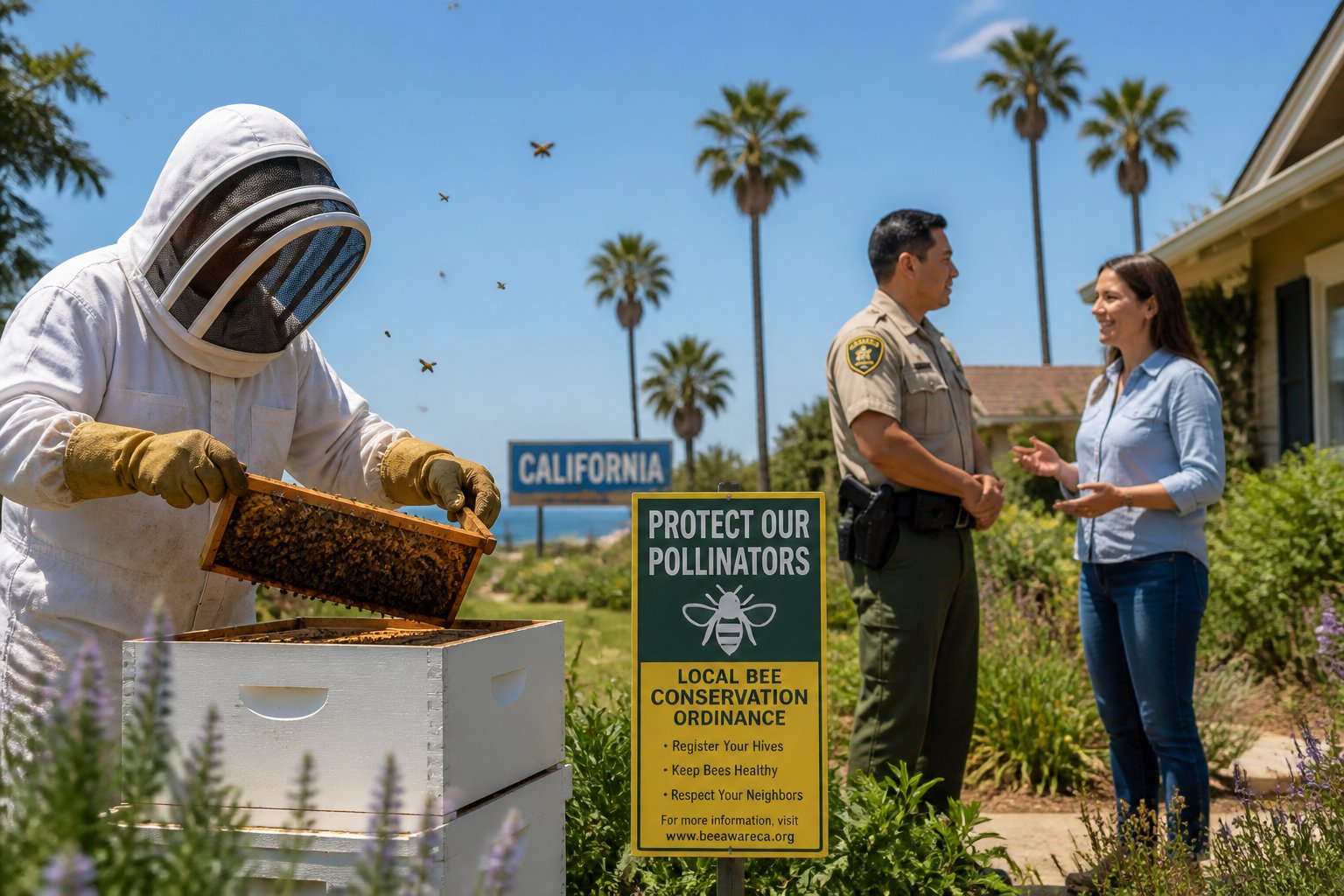 A beekeeper tending to a beehive outdoors with bees flying around, a local officer talking to a homeowner in a sunny California landscape.