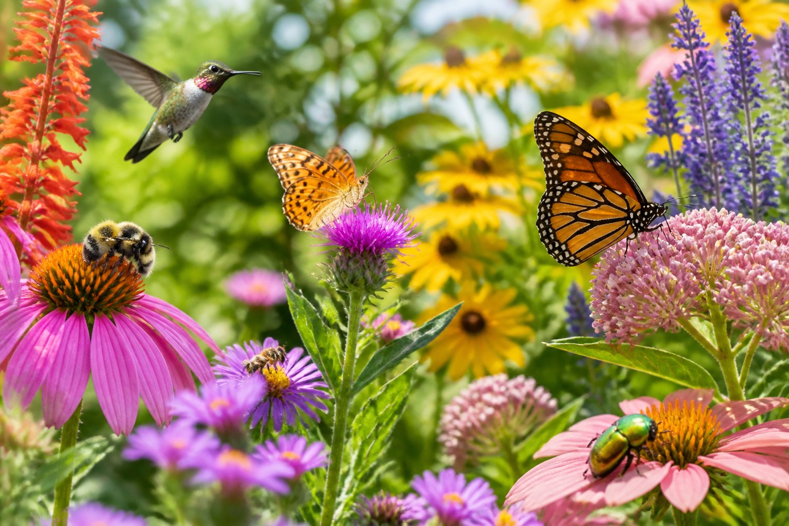 A garden with bees, butterflies, hummingbirds, and beetles pollinating colorful flowers.