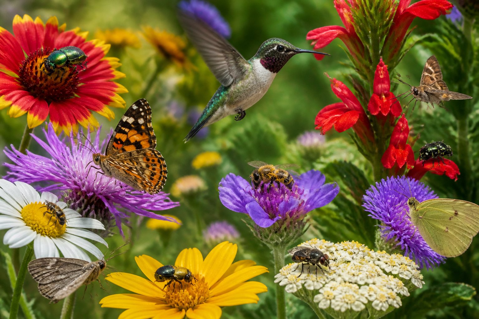 Various pollinators including butterflies, hummingbirds, beetles, and wild bees visiting colorful flowers in a garden.