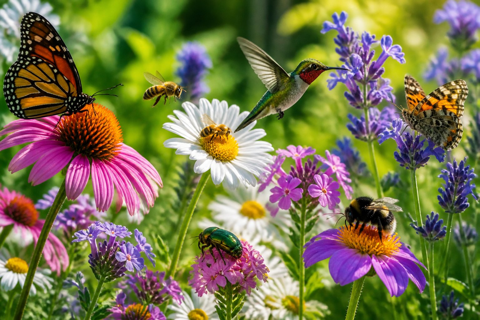 Various pollinators including bees, butterflies, hummingbirds, and beetles visiting colorful flowers in a garden.