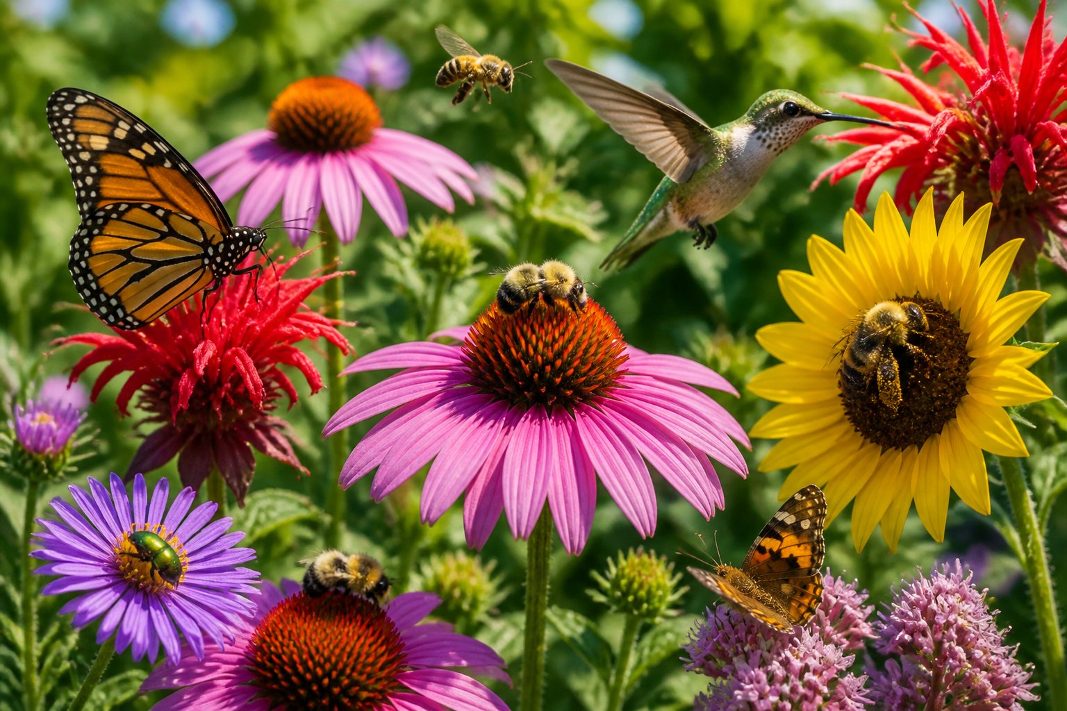 Various pollinators including bees, butterflies, hummingbirds, and beetles visiting colorful wildflowers in a green meadow.