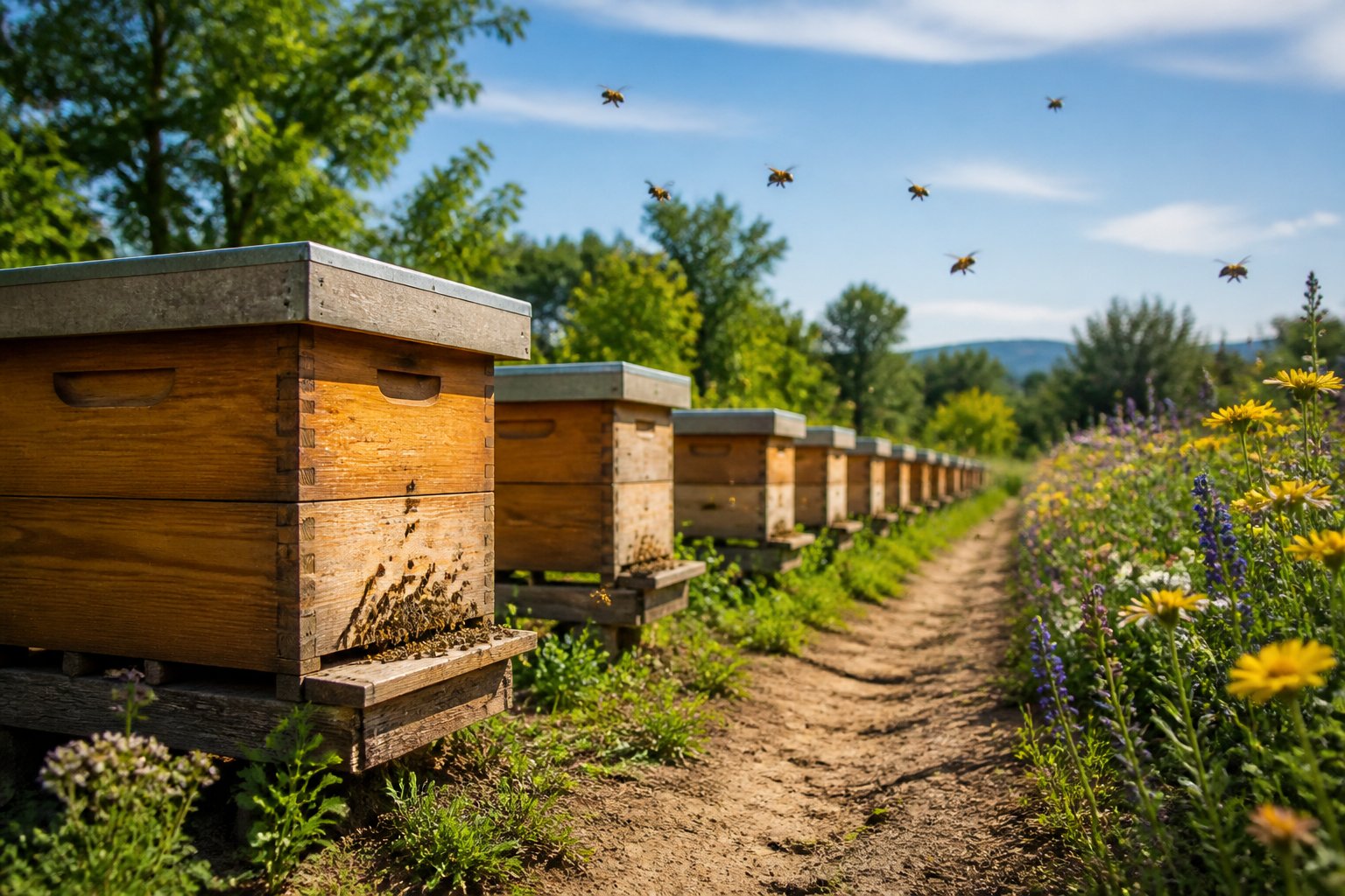 A bee farm with wooden hives along a dirt path surrounded by flowering plants and bees flying around.