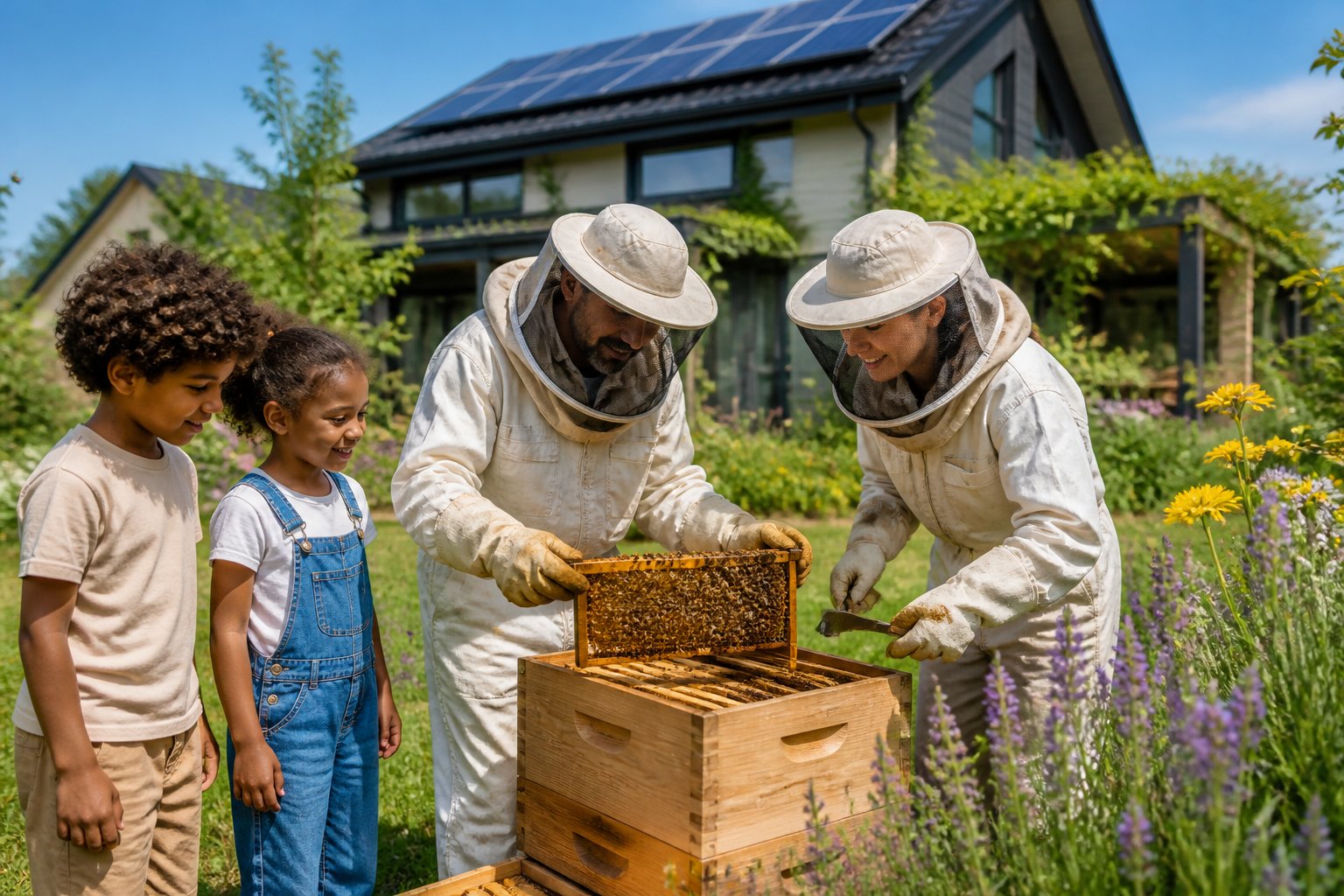 People in protective beekeeping suits inspecting a beehive in a garden with flowers and a house in the background.