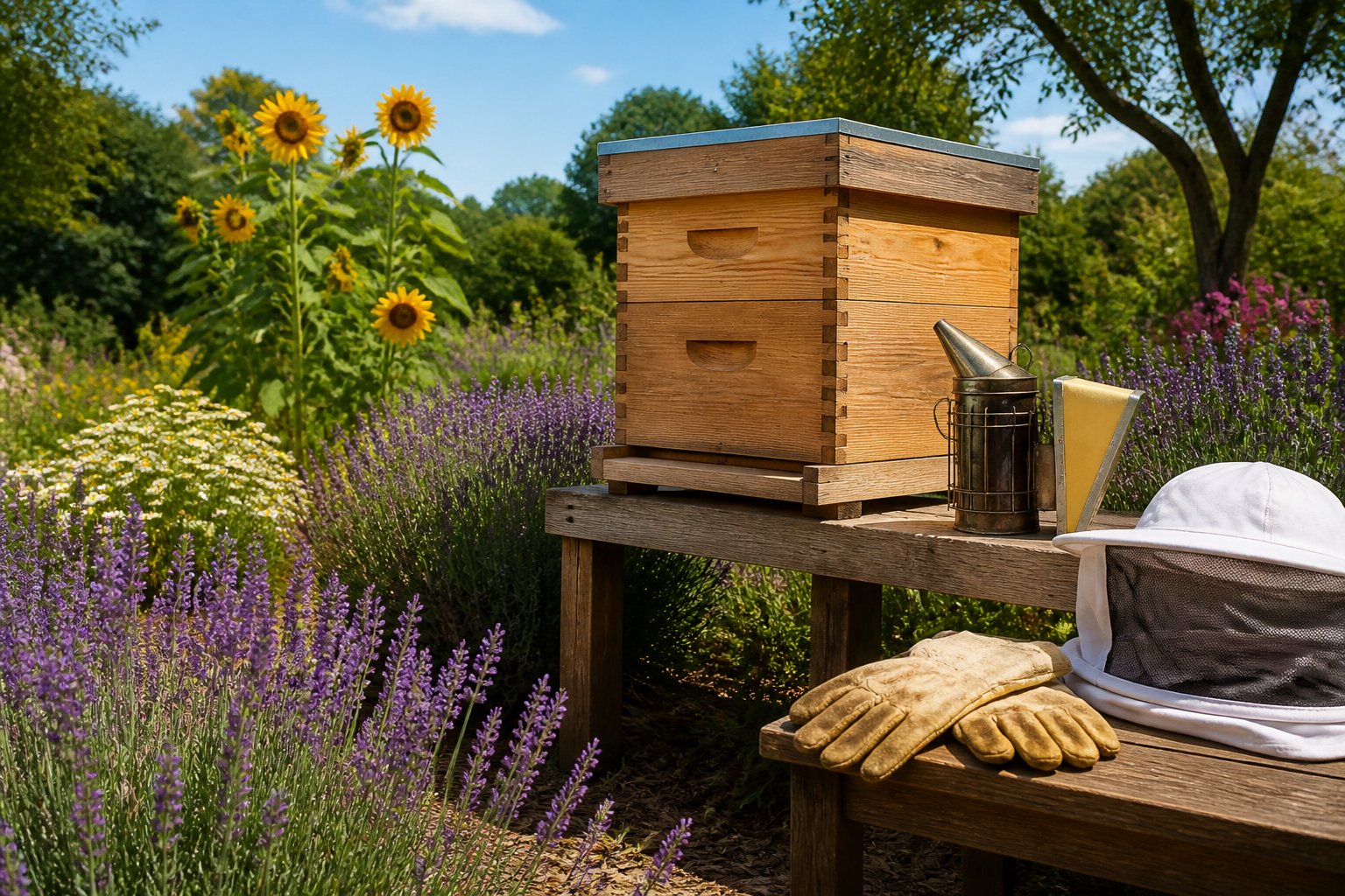A garden with blooming flowers and a wooden beehive box surrounded by beekeeping equipment under clear daylight.