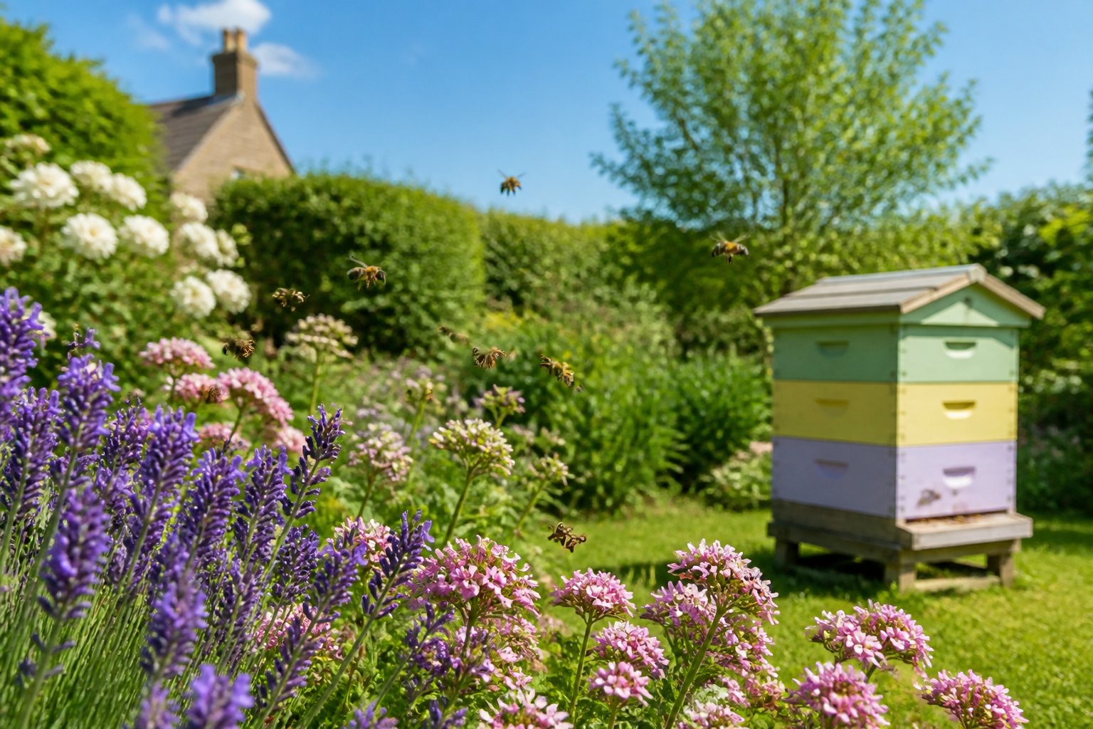 A green garden with flowering plants and a wooden beehive surrounded by bees flying around.