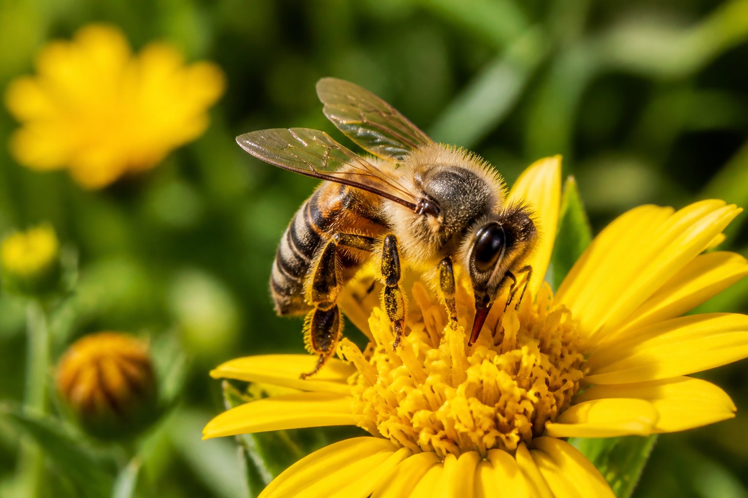 A close-up of a honeybee collecting nectar from a yellow flower in a garden.