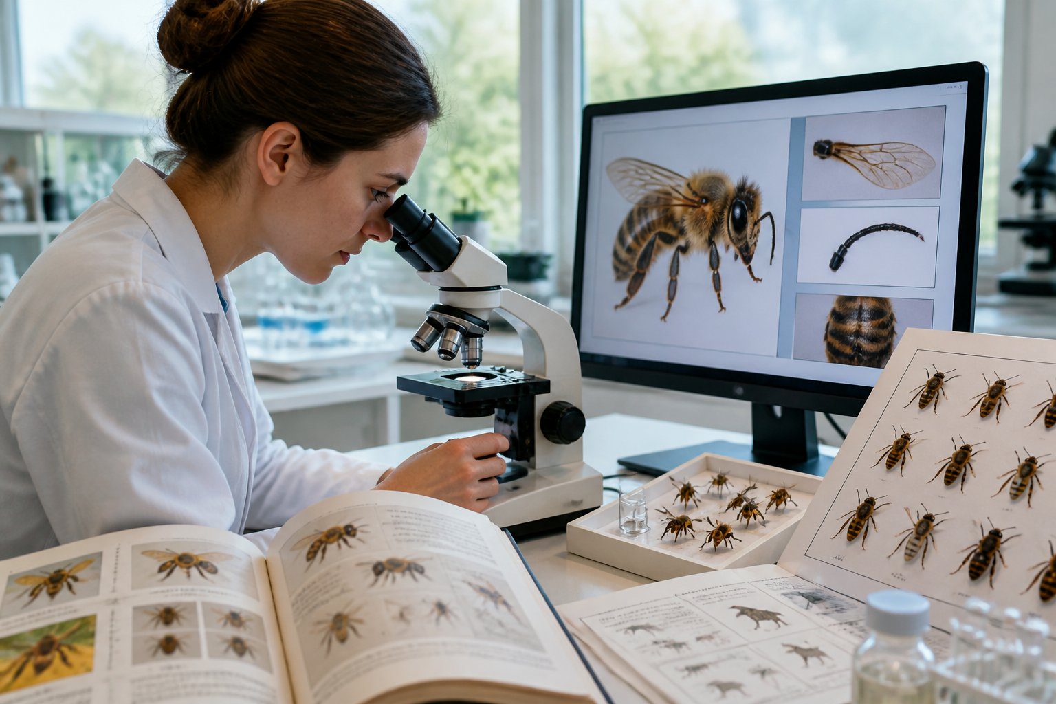 A researcher examining bees under a microscope in a laboratory with scientific charts and digital images showing bee anatomy.