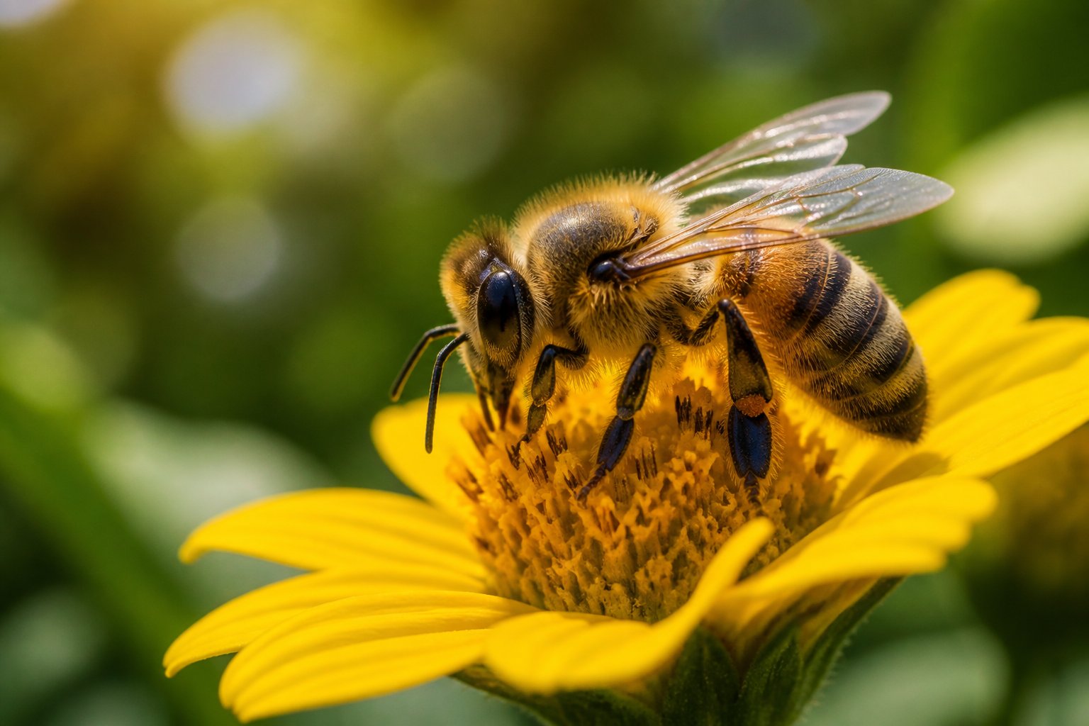 A honeybee resting on a yellow flower with green foliage in the background.