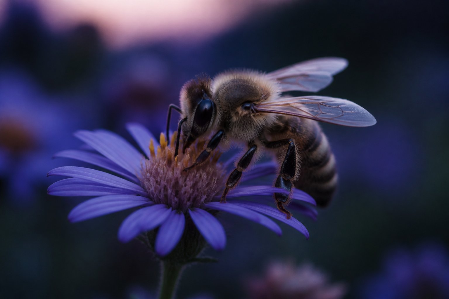 A close-up of a honeybee on a flower during dusk with its eyes visible.