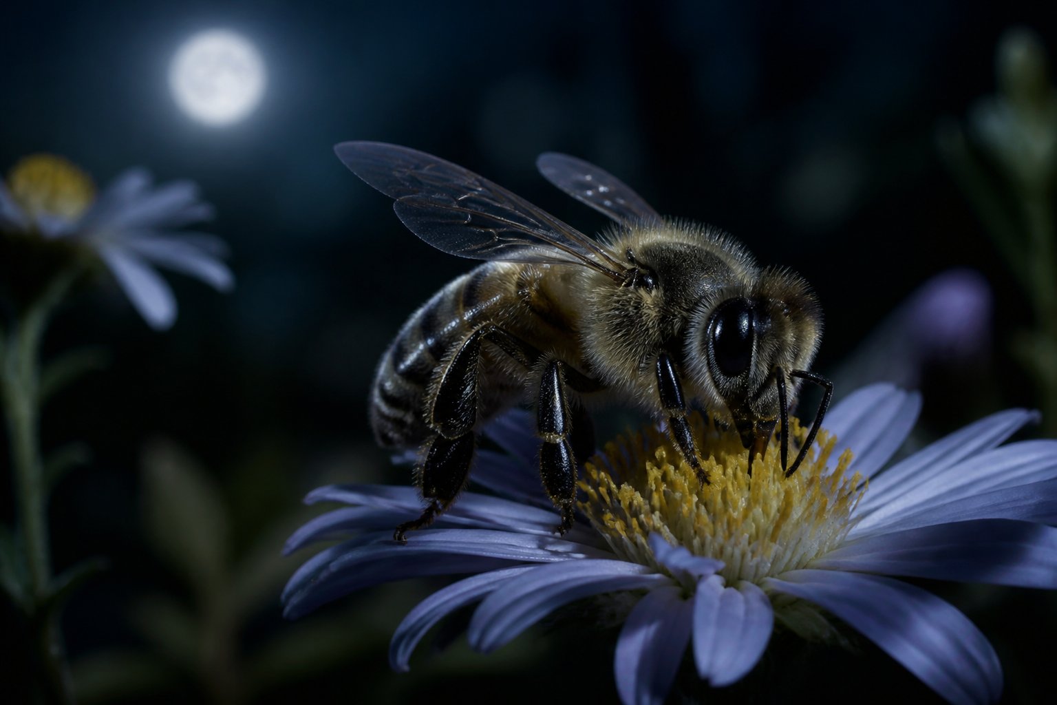 A bee on a flower at night with dark natural background and soft lighting.