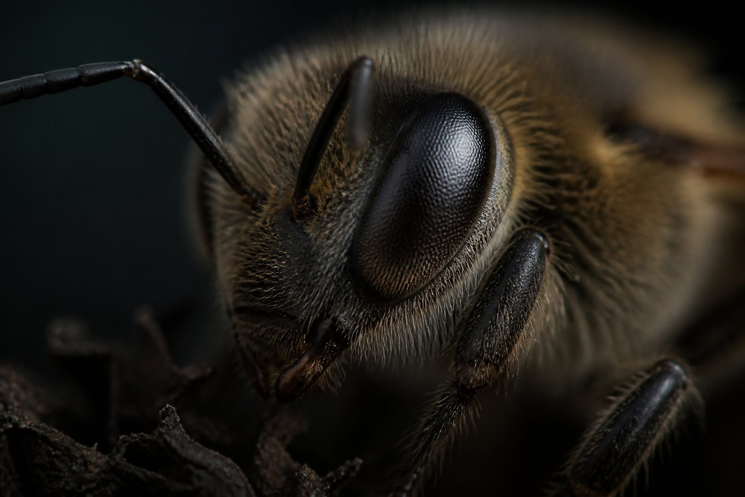 Close-up of a bee's compound eyes in dim lighting, showing detailed eye facets and texture.