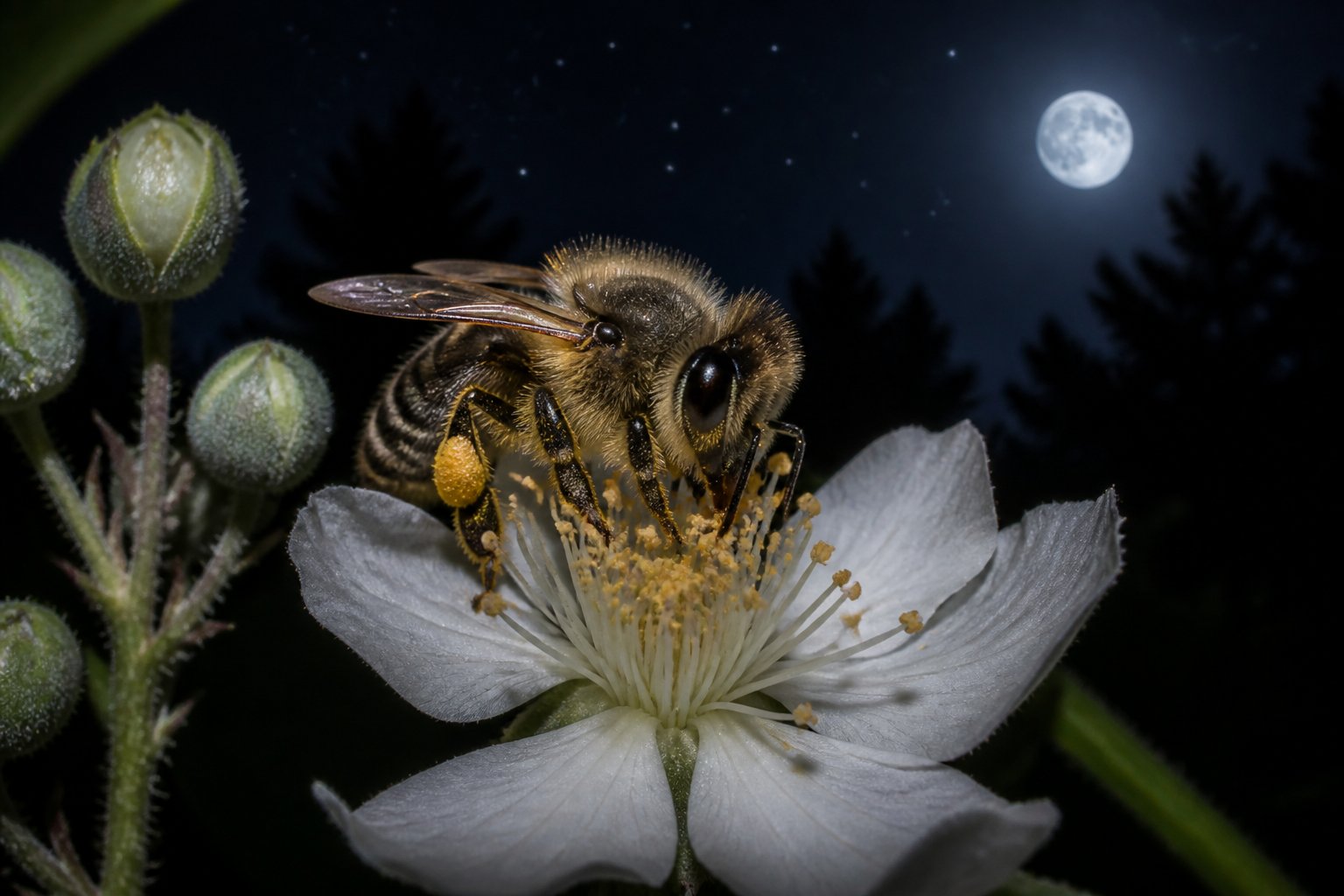 Close-up of a bee perched on a flower at night with a dark background and visible details of the bee's eyes and pollen.