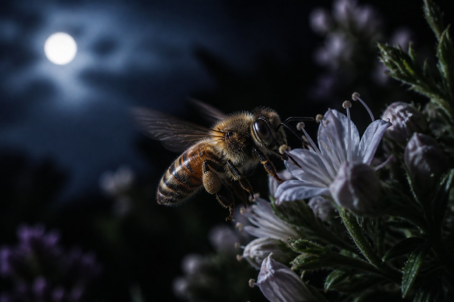 Close-up of a honeybee flying near flowers in low light during nighttime.