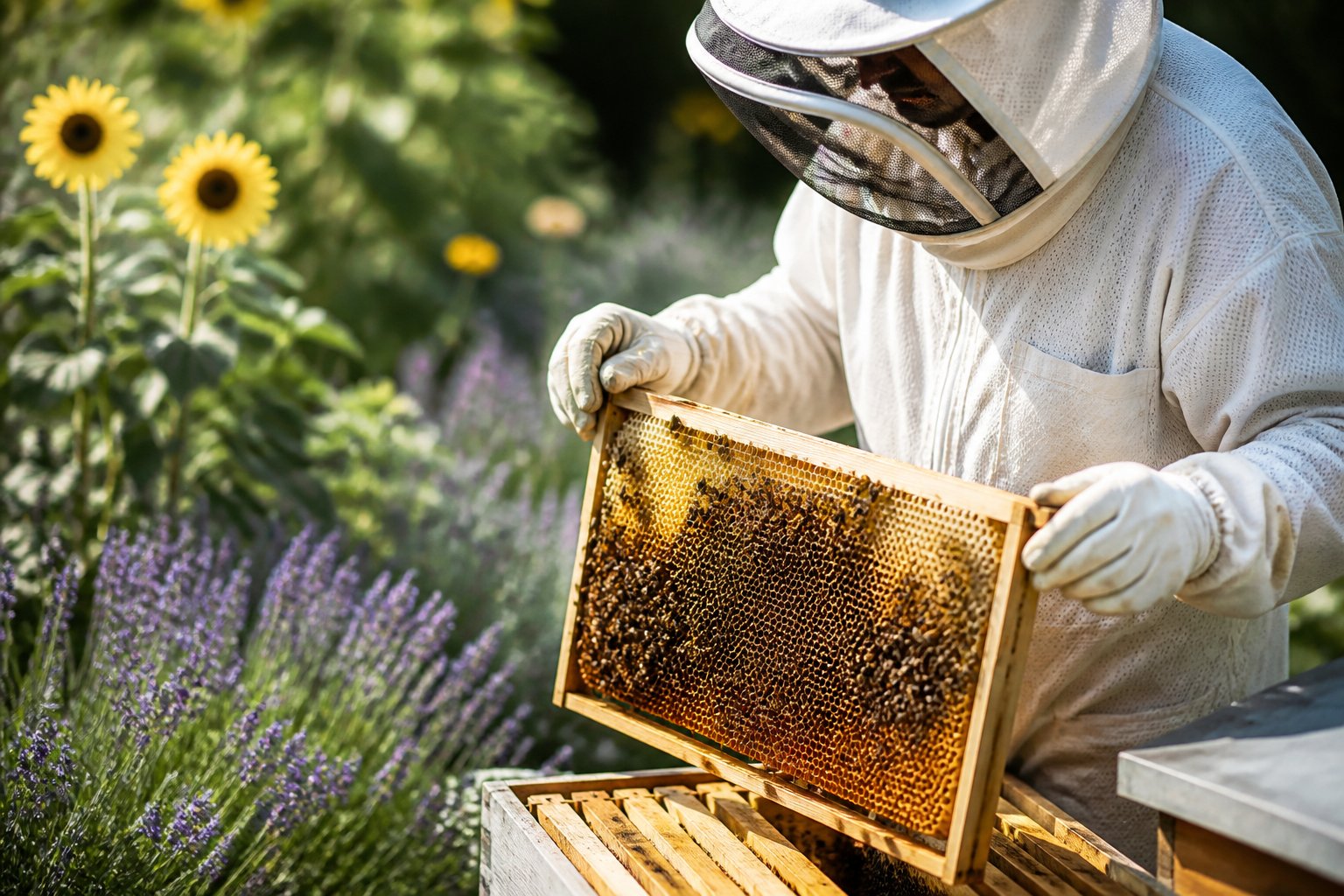A beekeeper in protective clothing inspects a honeycomb frame surrounded by flowering plants and bees in a garden.