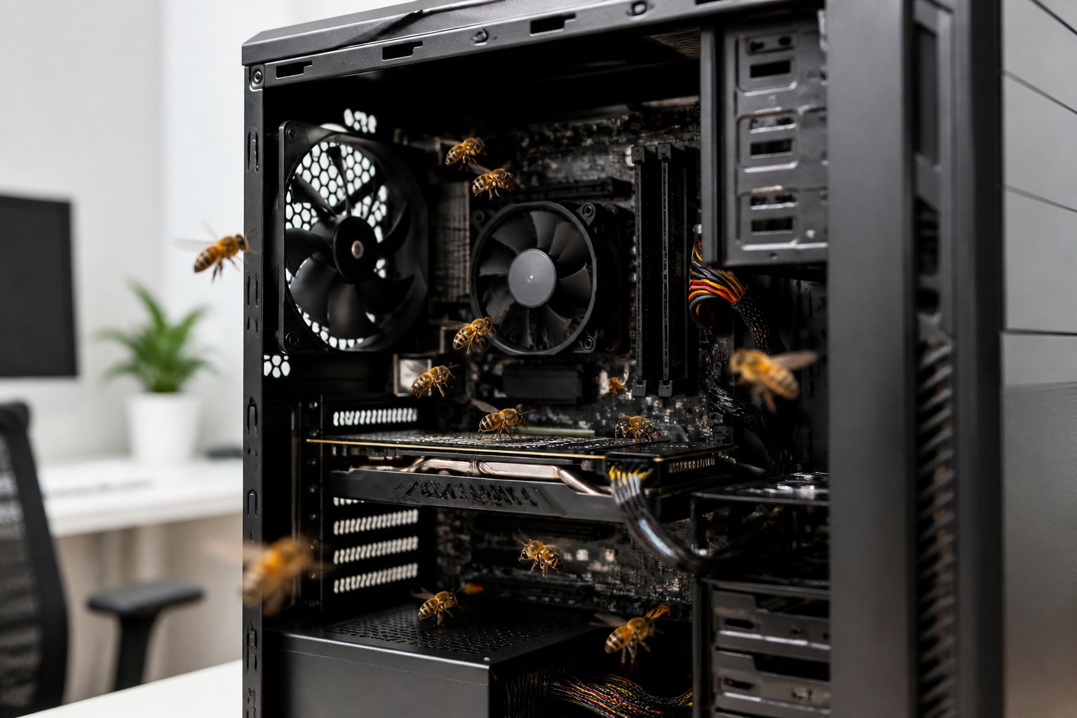 A desktop computer with its side panel open showing honeybees inside the computer case among the hardware components.