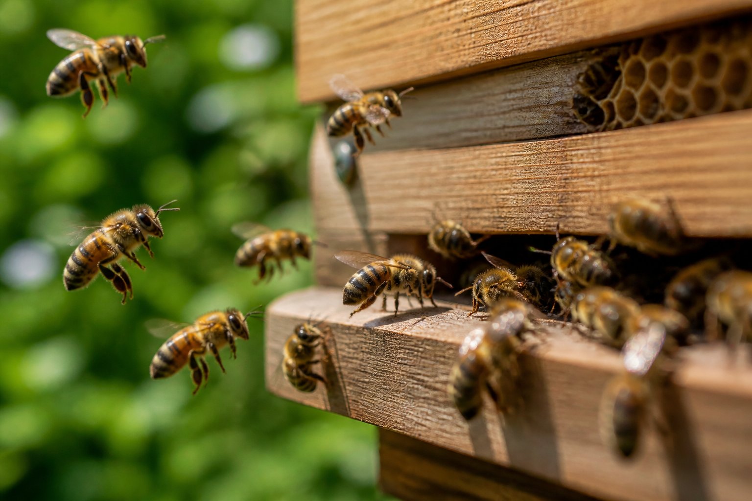 Close-up of bees flying and crawling at the entrance of a hive with one bee appearing sluggish among active bees.