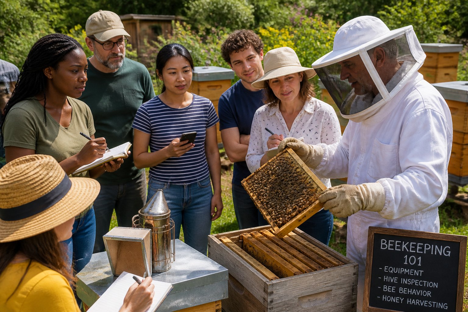 People outdoors in a garden learning about beekeeping with a person holding a beehive frame surrounded by wooden beehives.