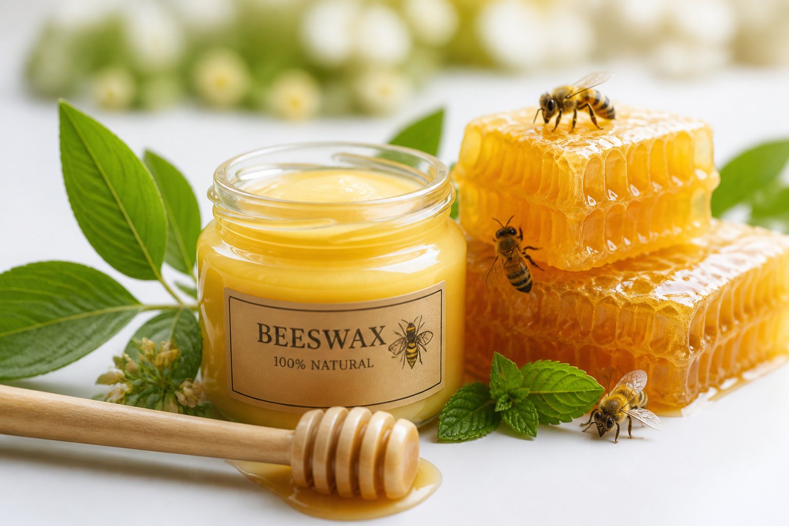 A jar of beeswax with honeycomb pieces and bees on a white surface with green leaves.