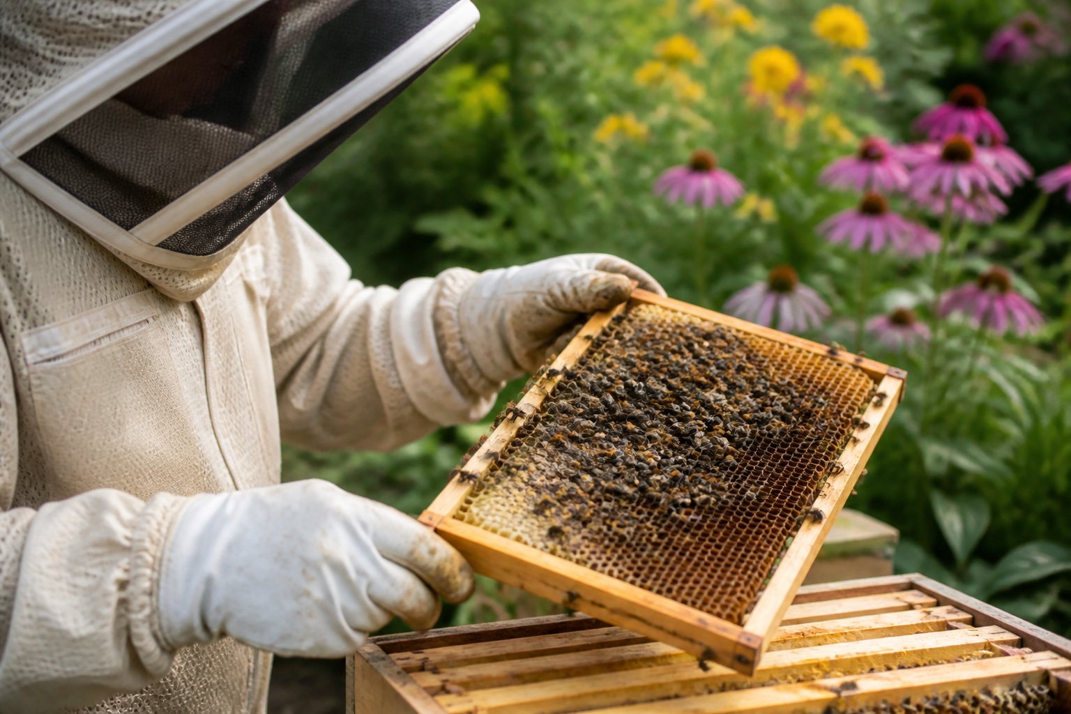 A beekeeper in protective gear carefully inspecting a honeycomb frame filled with bees in a garden.