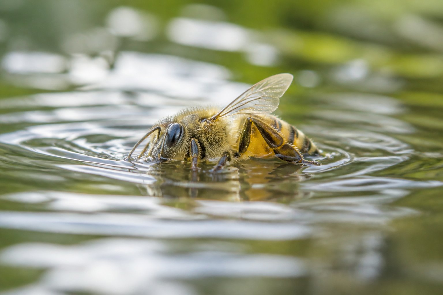 A close-up of a bee struggling to swim in calm water surrounded by natural greenery.