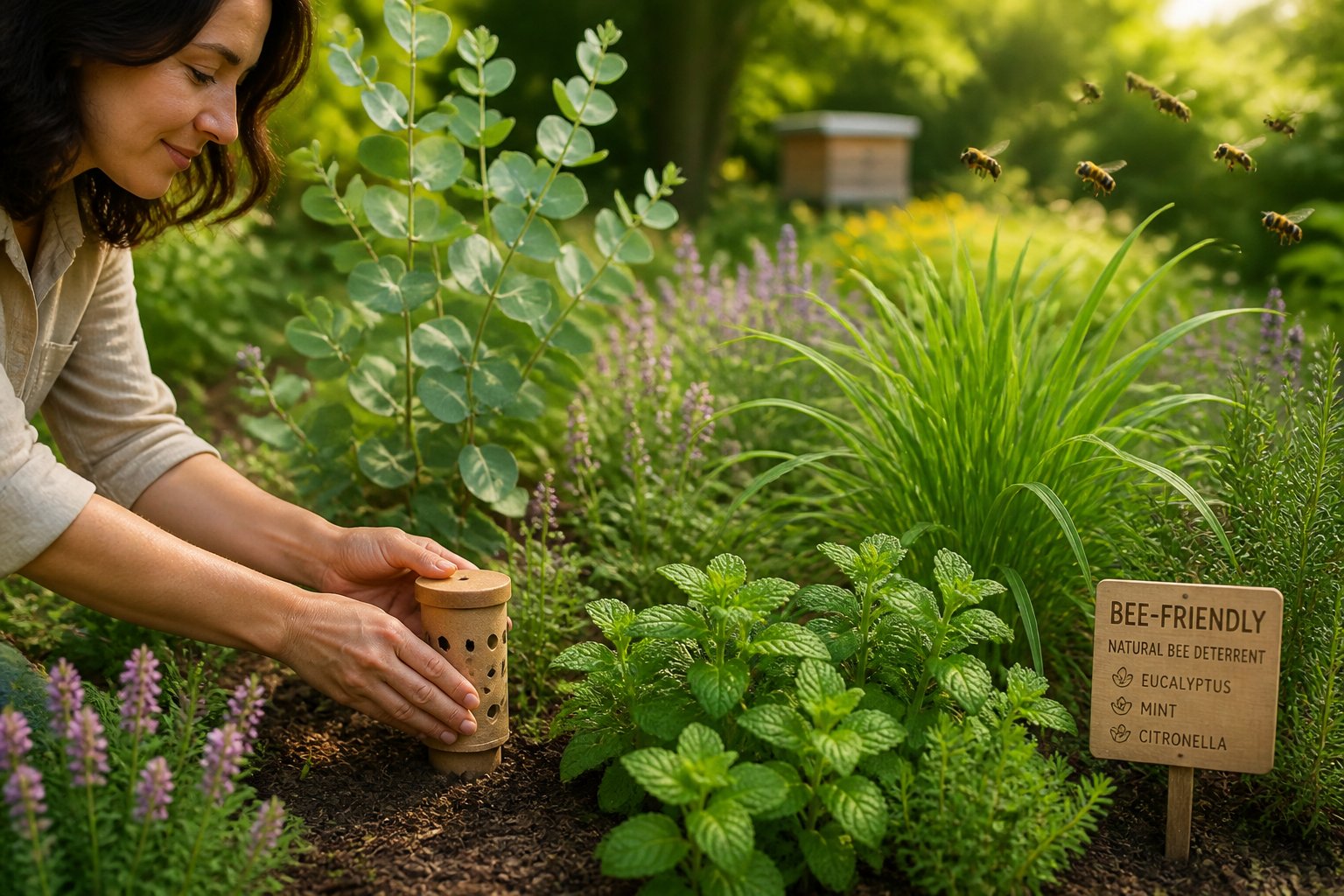 A garden with colorful flowers and plants, a person placing a natural bee deterrent, and bees flying nearby without harm.
