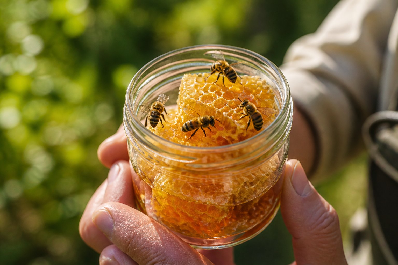 Hands holding a jar of honeycomb with bees crawling on it outdoors.