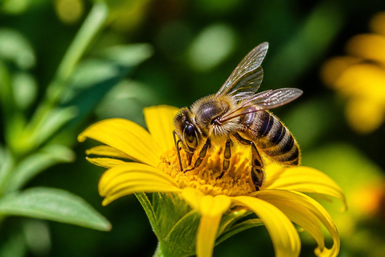 Close-up of a honeybee on a yellow flower with green foliage in the background.