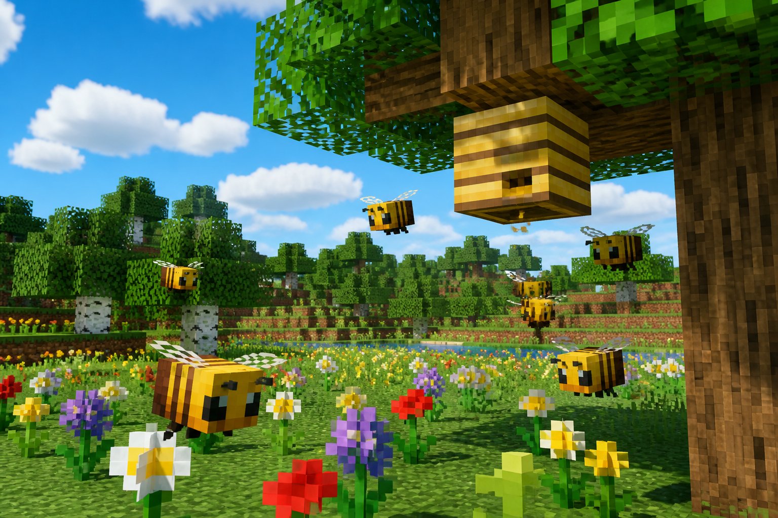 A Minecraft-style scene showing a beehive hanging from a tree with bees flying around colorful flowers in a grassy meadow.