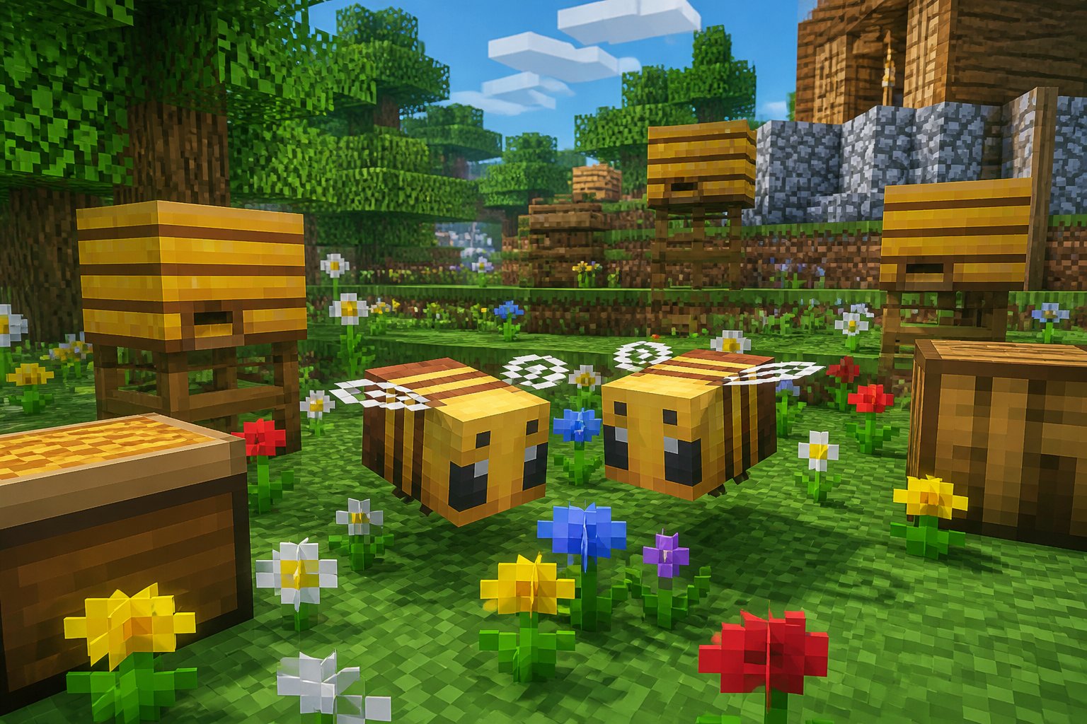 Two Minecraft bees near flowers and beehives in a pixelated outdoor landscape.
