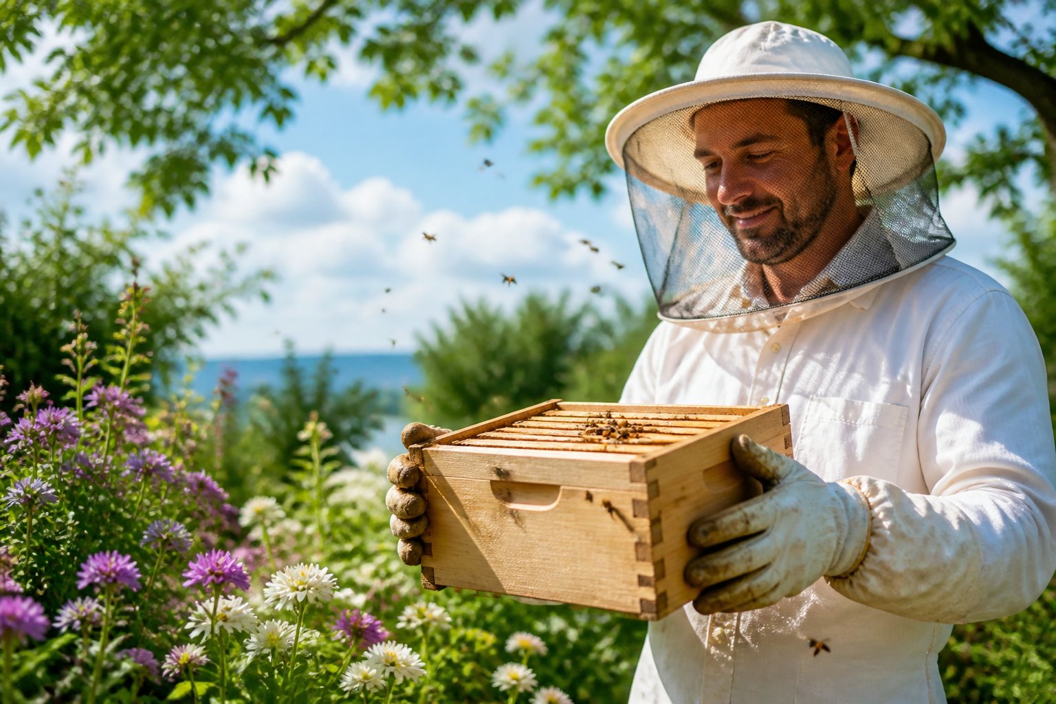 A person holding a small wooden beehive box surrounded by flowers and bees in a sunny garden.