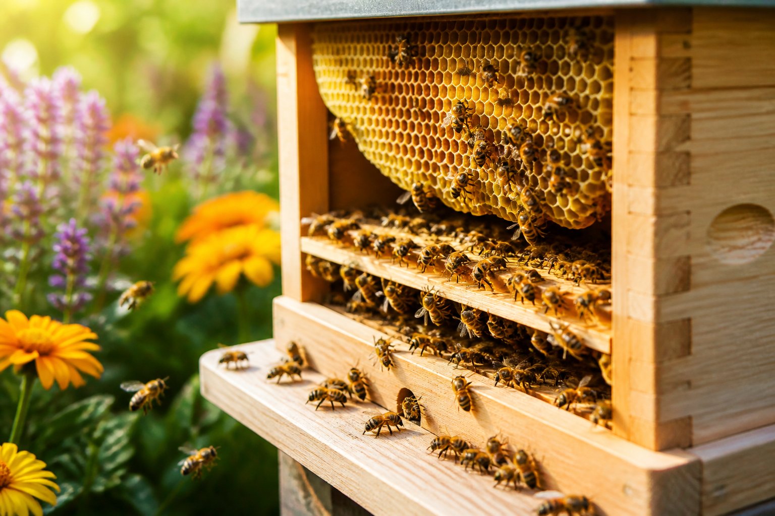 Close-up of bees working around a wooden beehive surrounded by flowers and greenery in a sunny outdoor setting.
