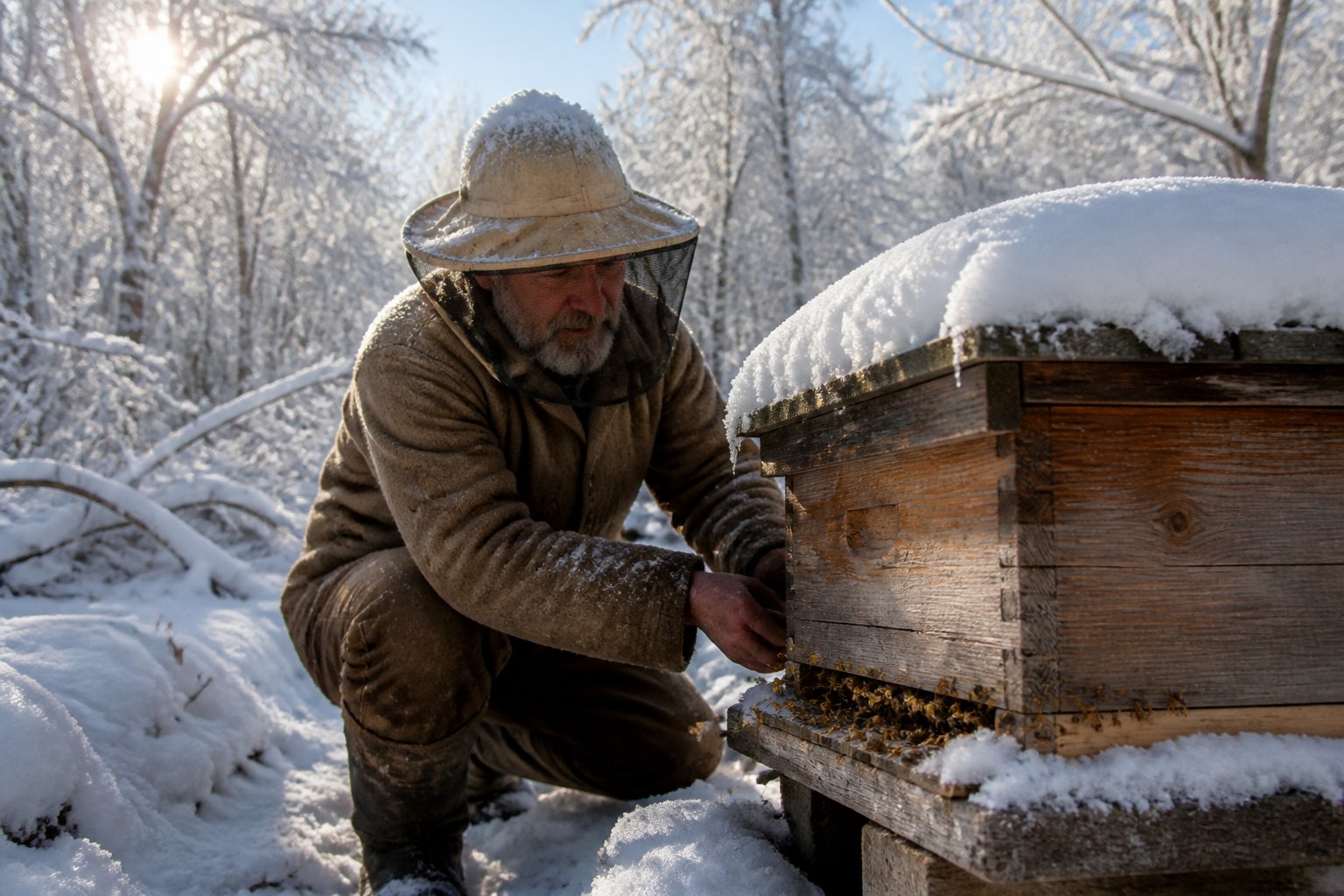 A beekeeper in warm clothing inspects a snow-covered wooden beehive in a winter forest with bare trees and soft sunlight.