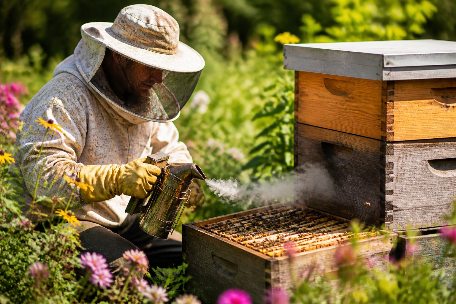 A person in protective beekeeping gear gently harvesting honey from a beehive surrounded by flowers and greenery.