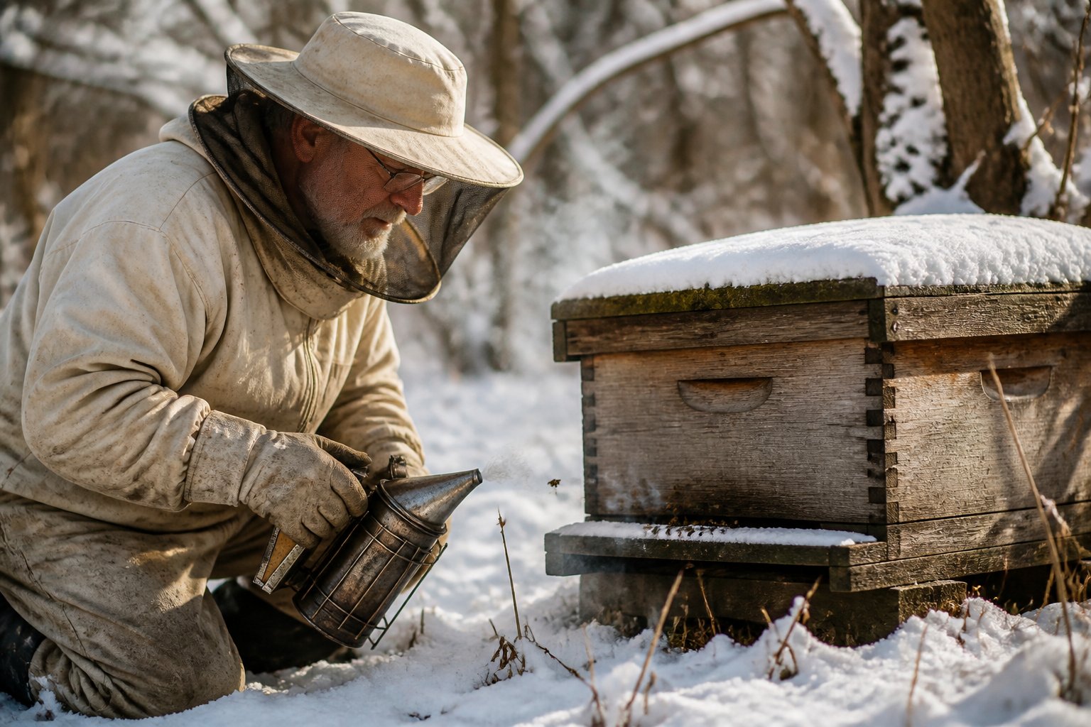 A beekeeper in protective clothing examines a snow-covered wooden beehive in a winter forest with bare trees and soft sunlight.
