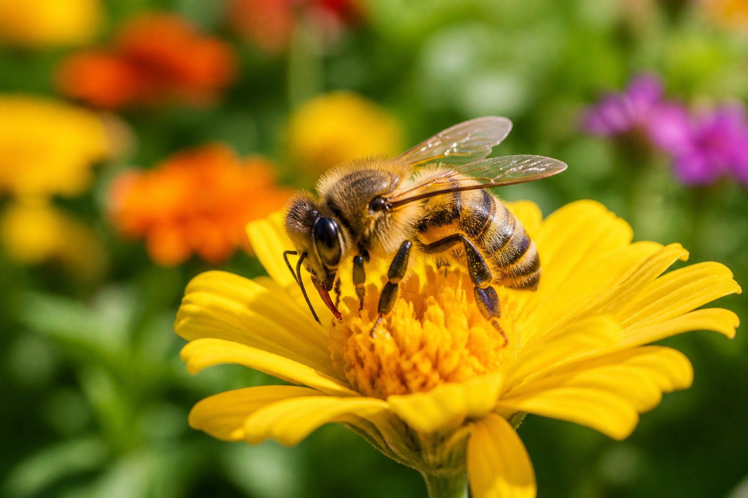 A female bee sitting on a yellow flower in a garden with green plants in the background.
